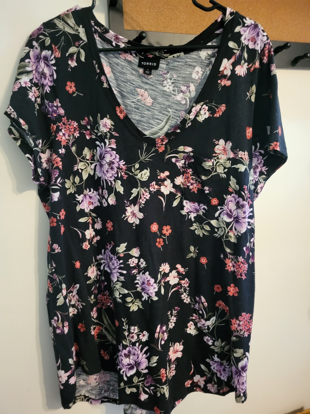 torrid Black Floral V-Neck Tee with Purple & Pink Blooms